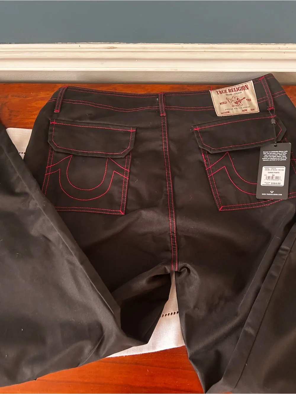 NWT Men’s True Religion Black Cargo Pants with Red Stitching